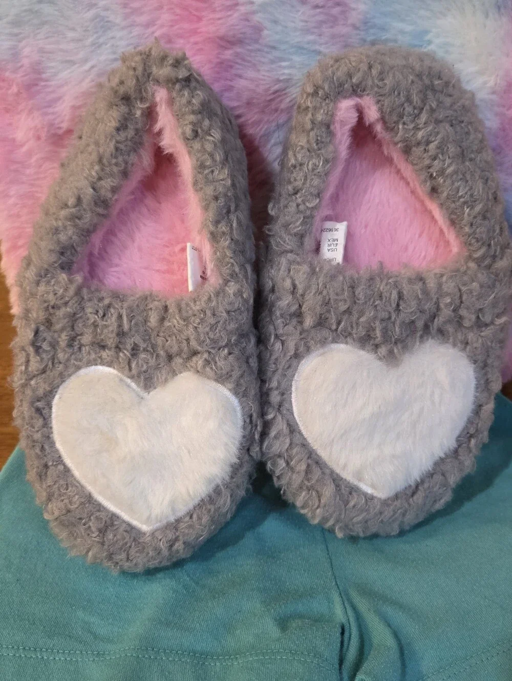 🦦5/$10🦦Wonder Nation Gray Sherpa Heart Slippers Girls Size 11-12 Pink Faux Fur